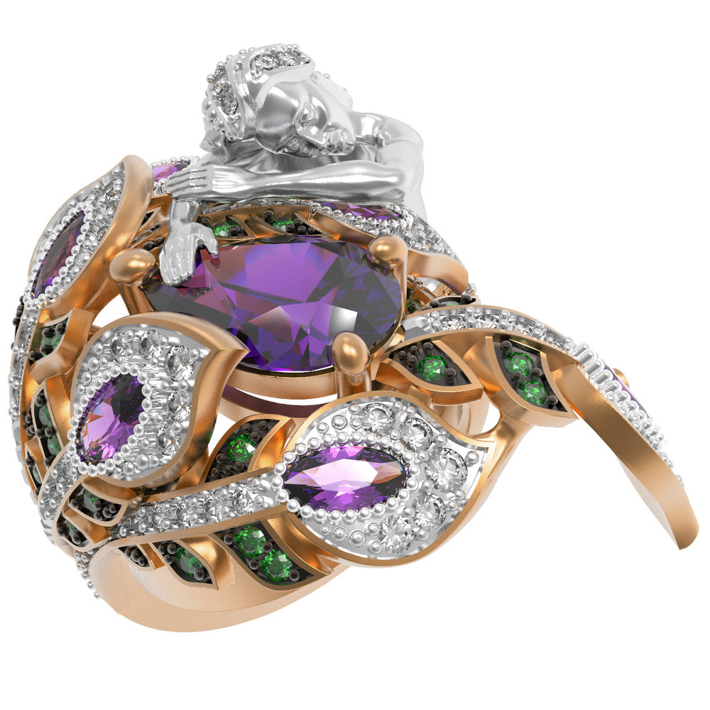 Кольцо из красного золота 585 пробы c фианитом и аметистом