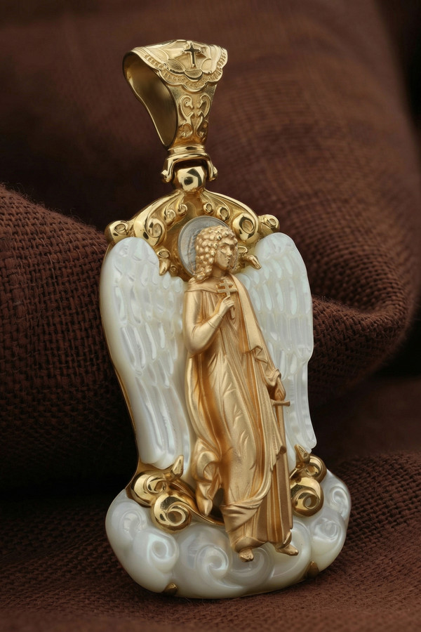 Нательная икона из лимонного золота 585 пробы c перламутром