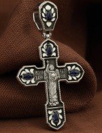 Крест из белого золота c эмалью и сапфиром