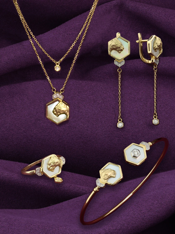 Колье из лимонного золота 585 пробы c бриллиантами и перламутром