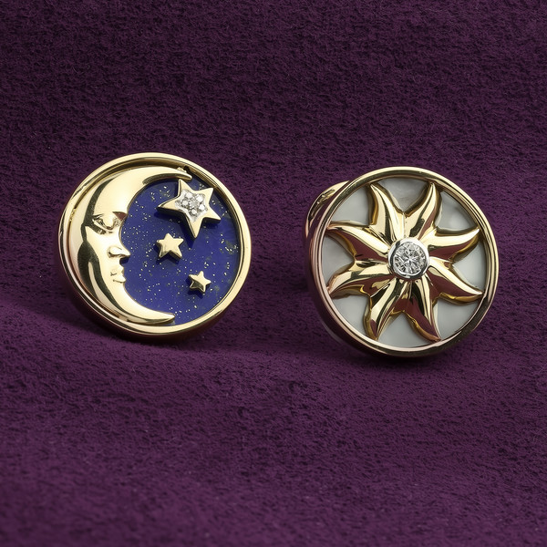 Серьги из лимонного золота 585 пробы c бриллиантами, лазуритом и перламутром