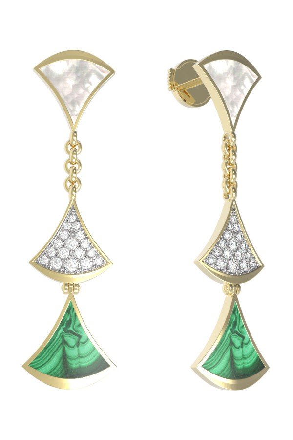 Серьги из лимонного золота c бриллиантами, малахитом и перламутром