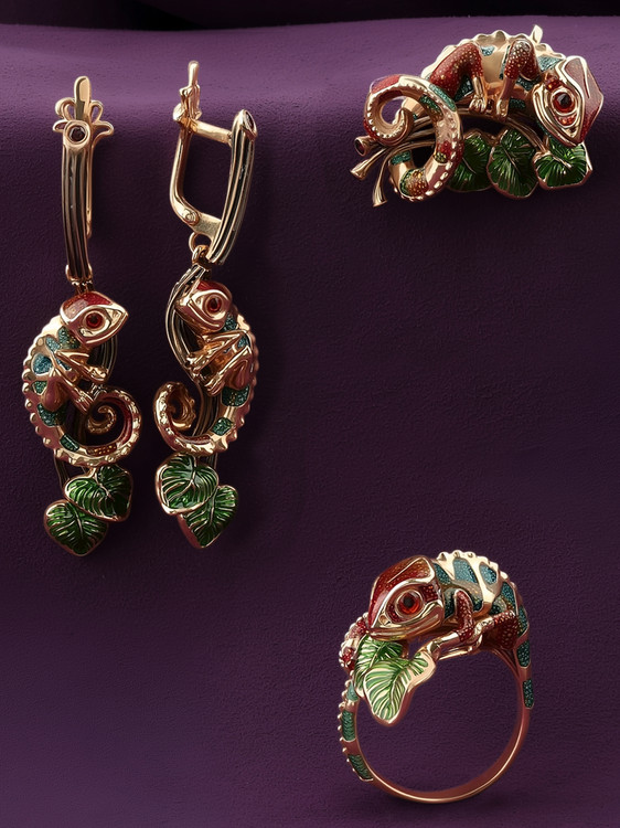 Серьги из красного золота 585 пробы c эмалью и гранатом