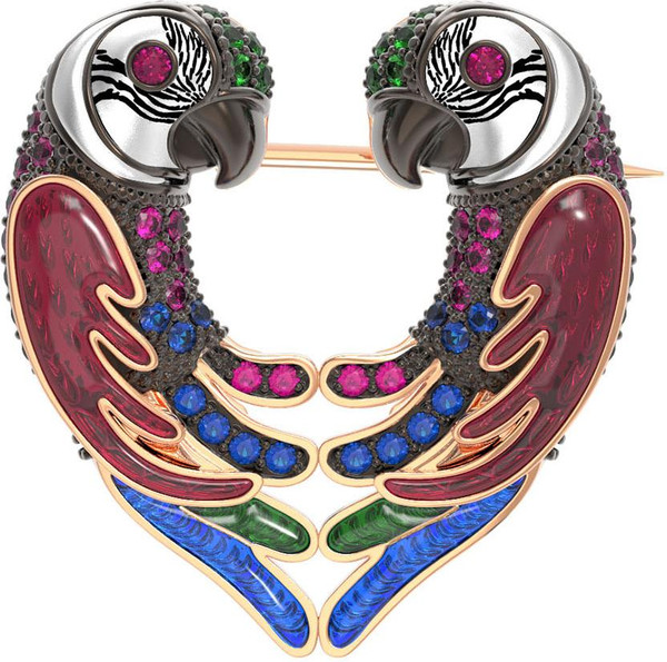 Брошь из красного золота 585 пробы c эмалью и фианитом