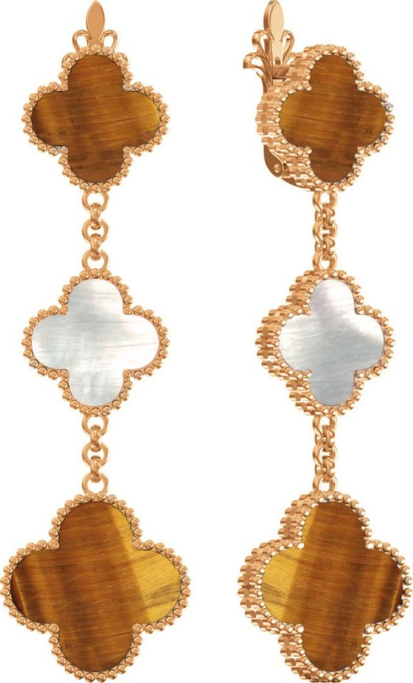 Серьги из золота c тигровым глазом и перламутром