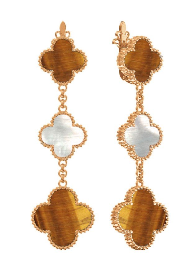 Серьги из золота c тигровым глазом и перламутром