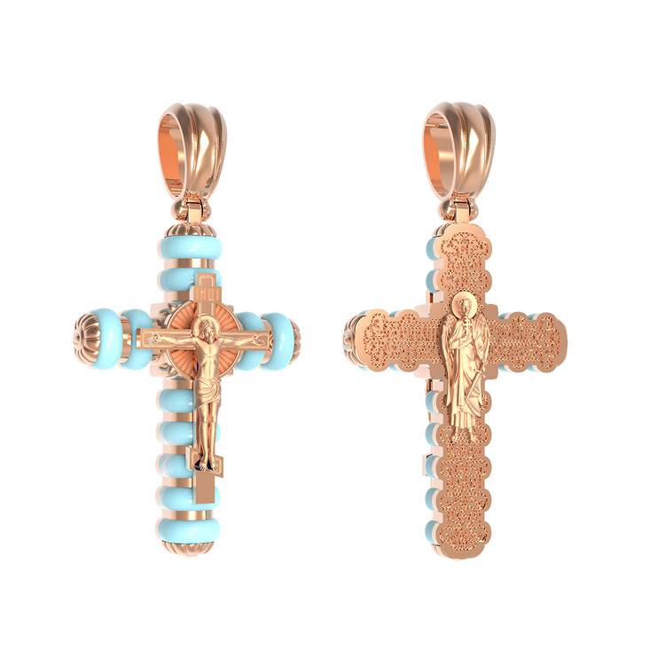 Крест из красного золота 585 пробы c бирюзой