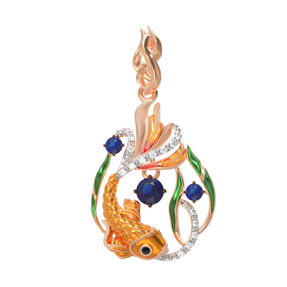 Подвеска из красного золота 585 пробы c эмалью, фианитом и сапфиром