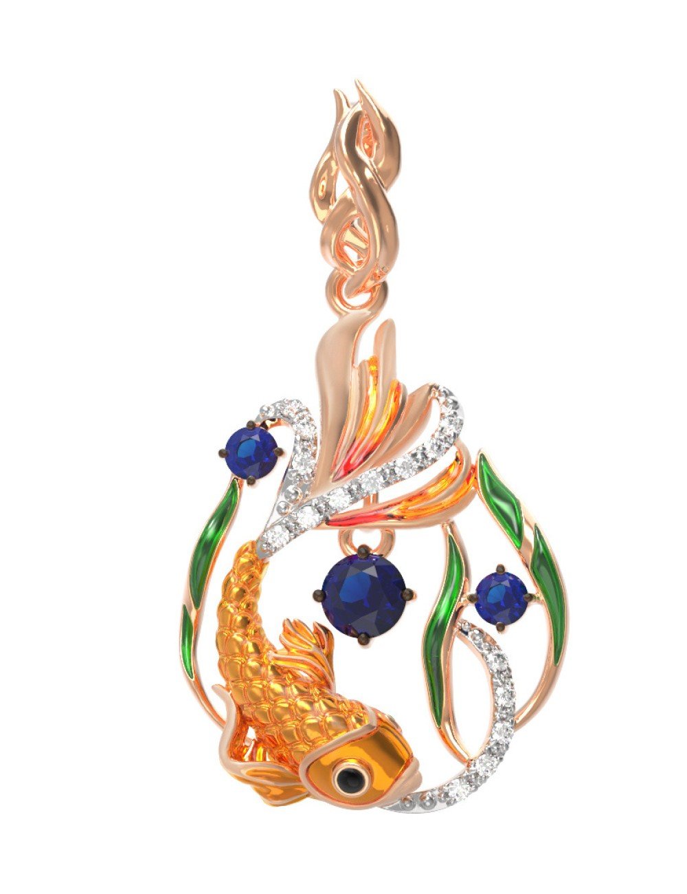 Подвеска из золота c эмалью, фианитом и сапфиром