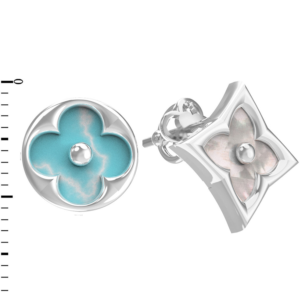 Серьги из белого золота 585 пробы c бирюзой и перламутром