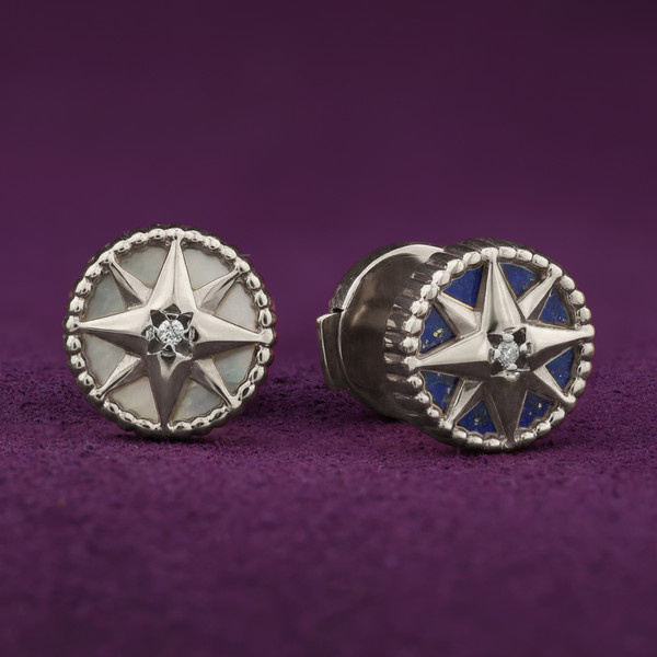 Серьги из белого золота 585 пробы c бриллиантами, лазуритом и перламутром