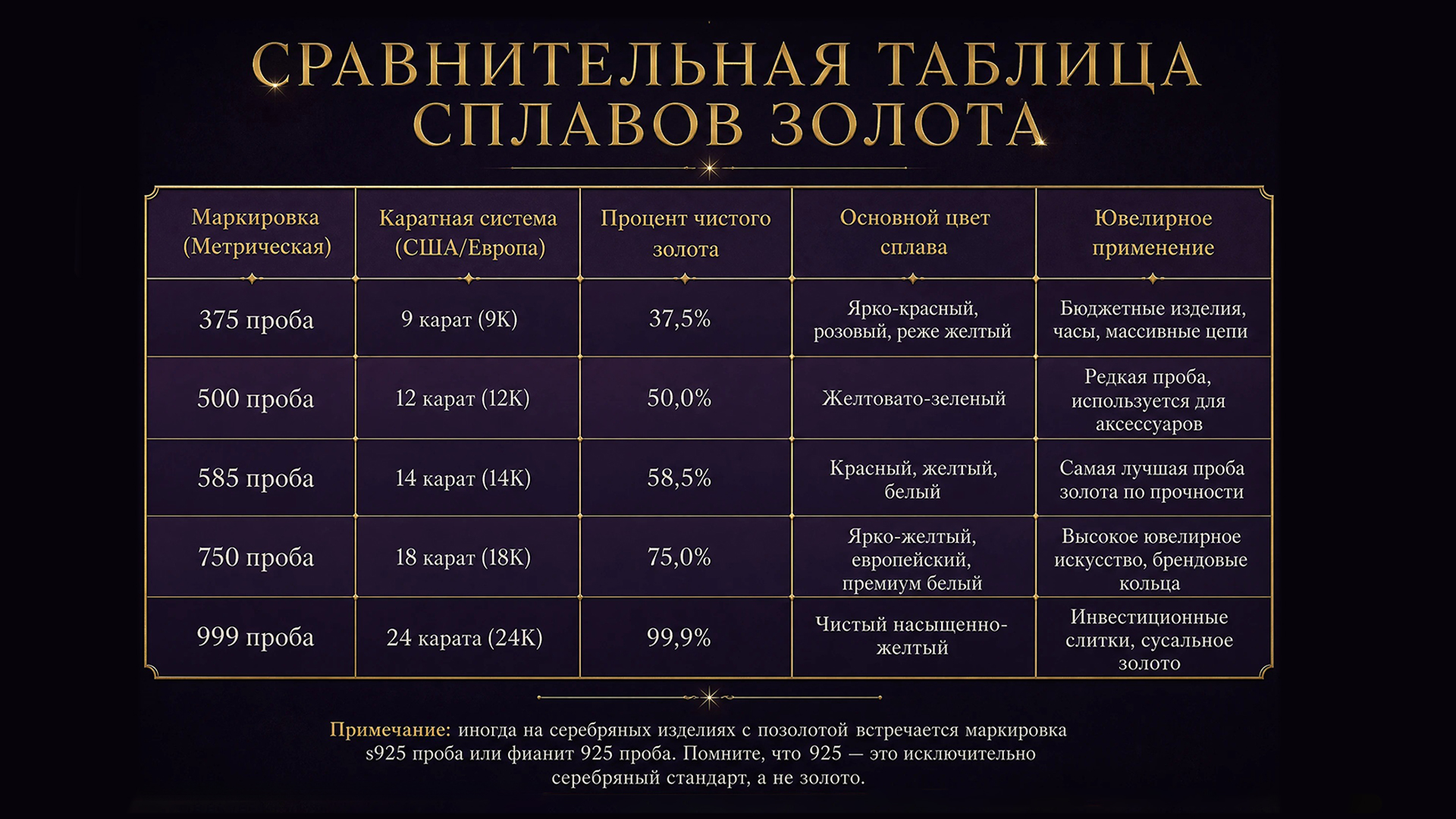 Сравнительная таблица сплавов золота с пробами